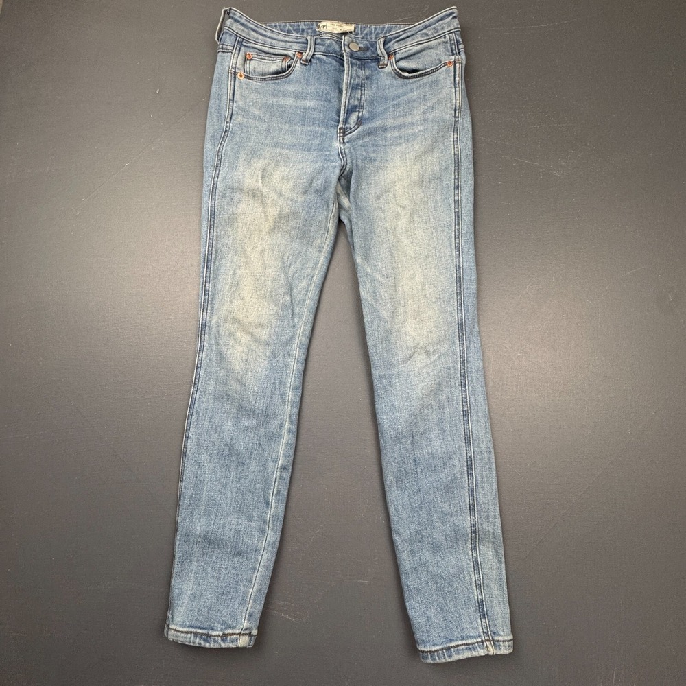 Free People Women's 27 Blue High Rise Skinny Jeans Button Fly Distressed Stretch